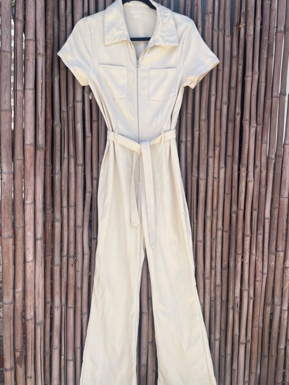No Boundaries Cream Short-Sleeve Utility Jumpsuit with Tie Waist